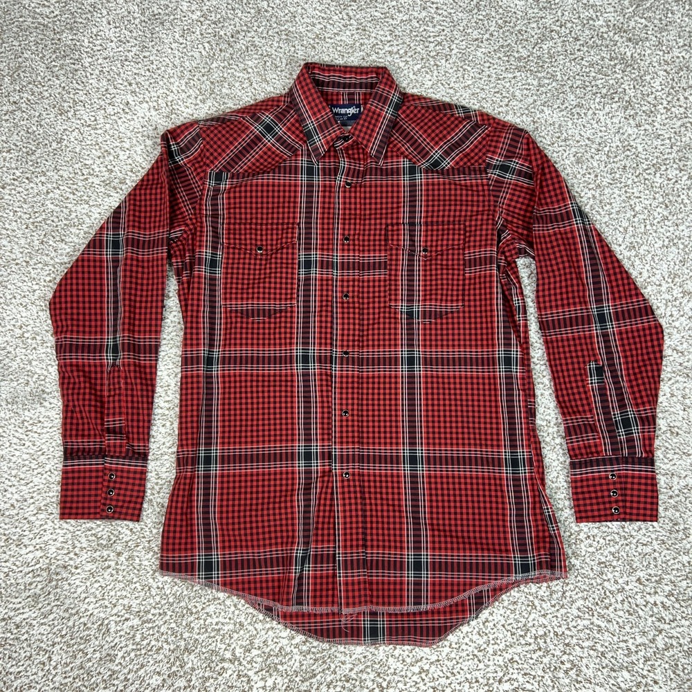 Vintage Wrangler Shirt Mens XL Red Plaid Snap USA X Long Tails Western Cowboy